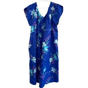 Made in Hawaii Blue Floral V-Neck Dress Vintage Size 20 Boho Summer Tropical‎